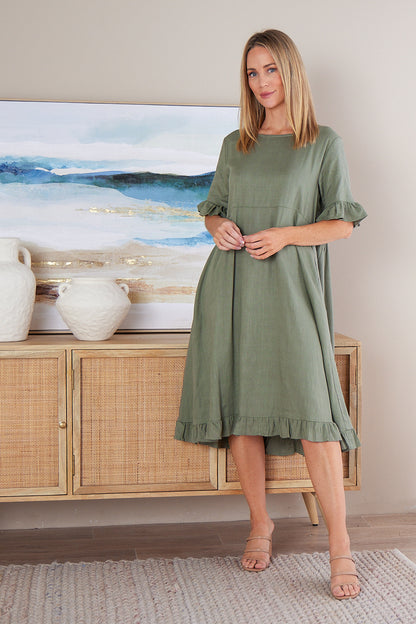 Nasira Linen Dress - Sage Khaki