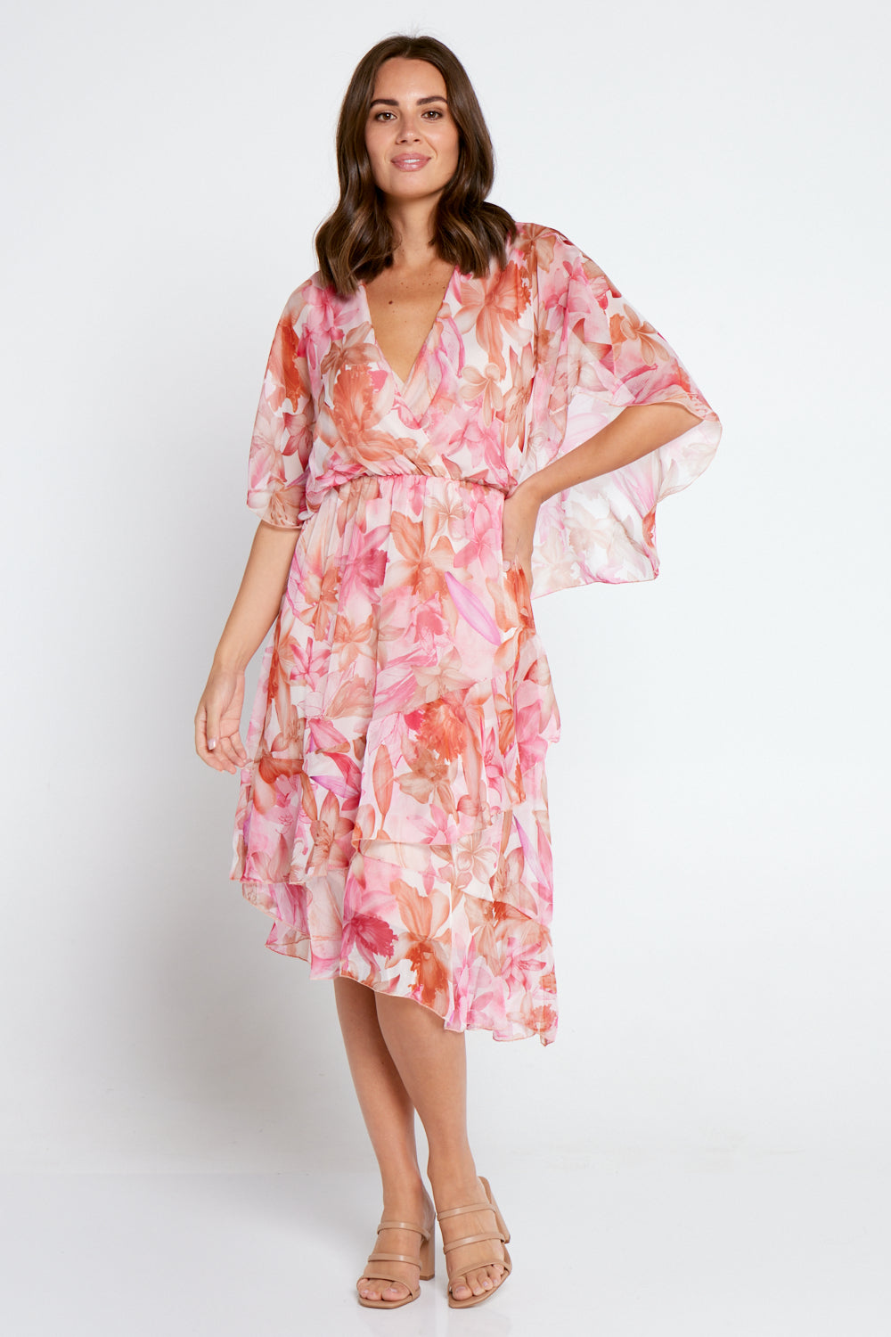 Natalia Chiffon Dress - Pink Tropical Floral