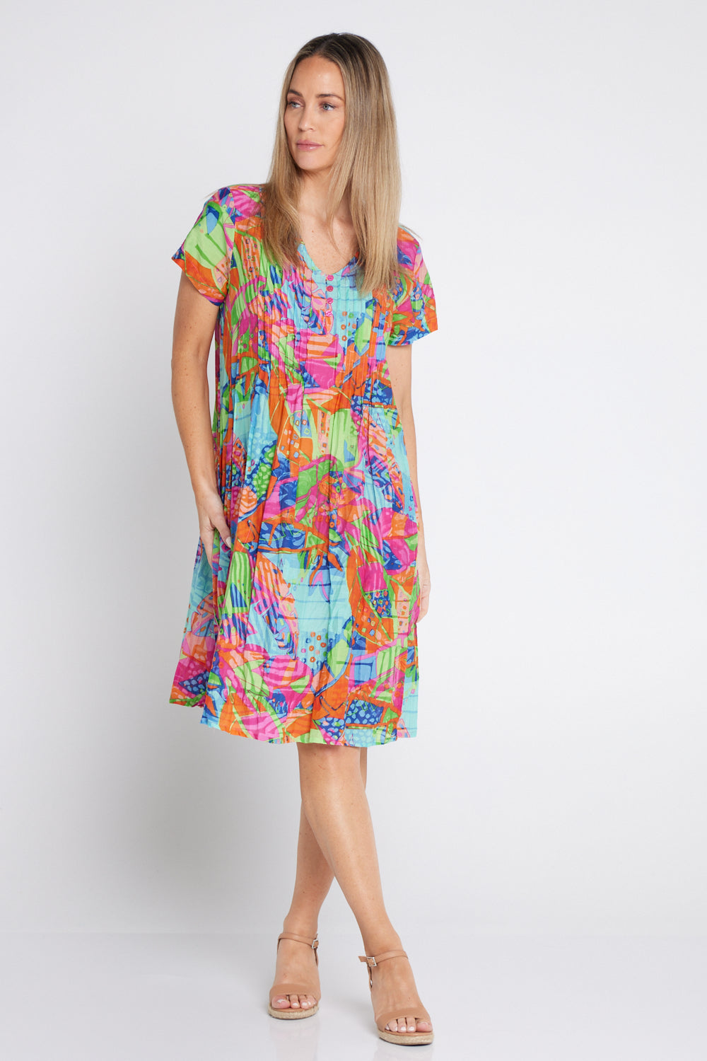 Nicola Cap Sleeve Cotton Dress - Banana Leaf