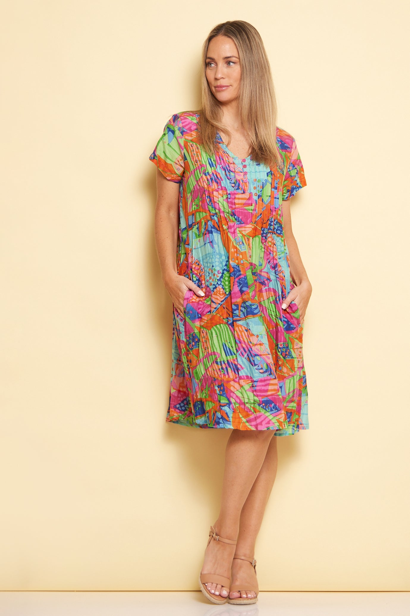 Nicola Cap Sleeve Cotton Dress - Banana Leaf