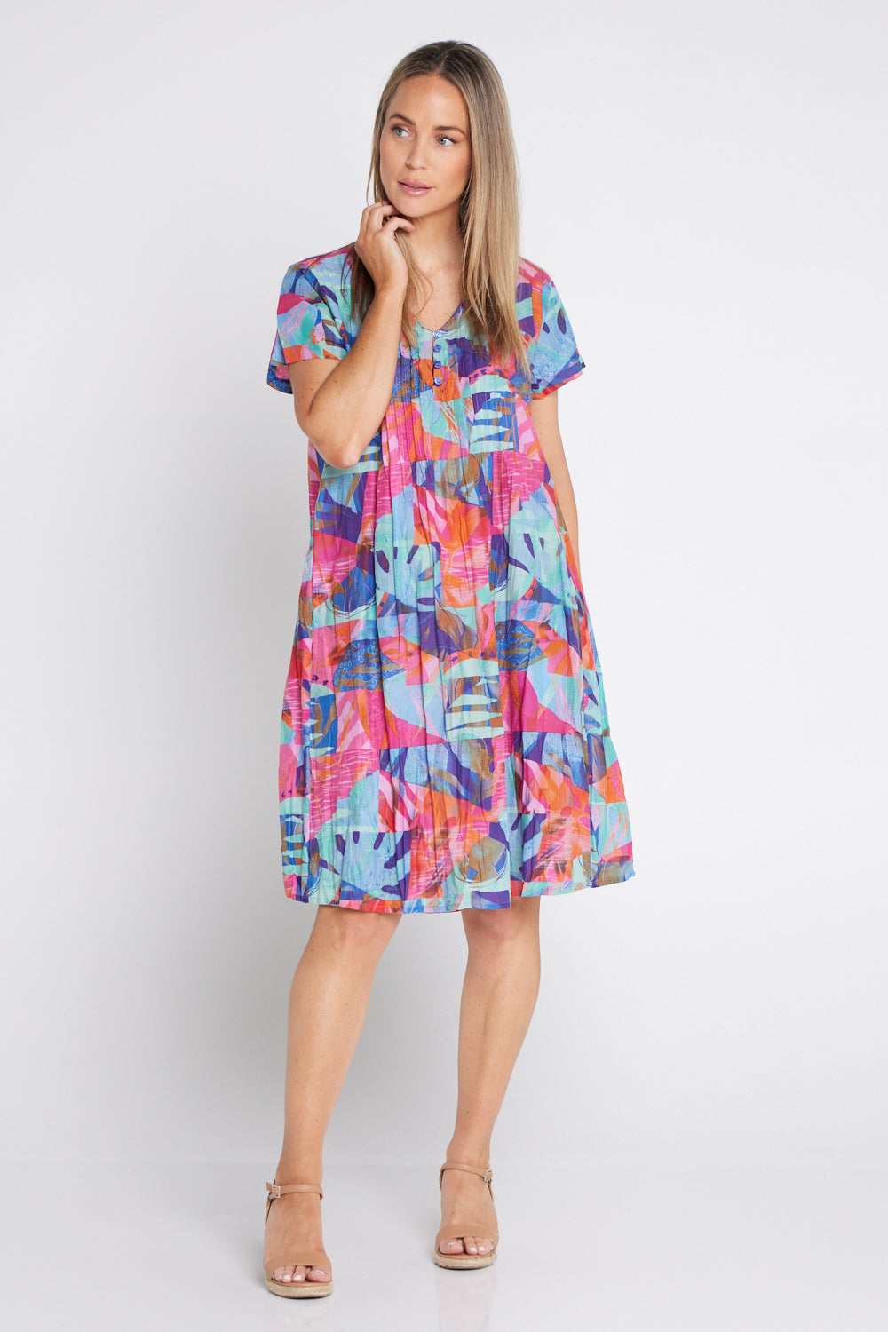 Nicola Cap Sleeve Cotton Dress - Blocks