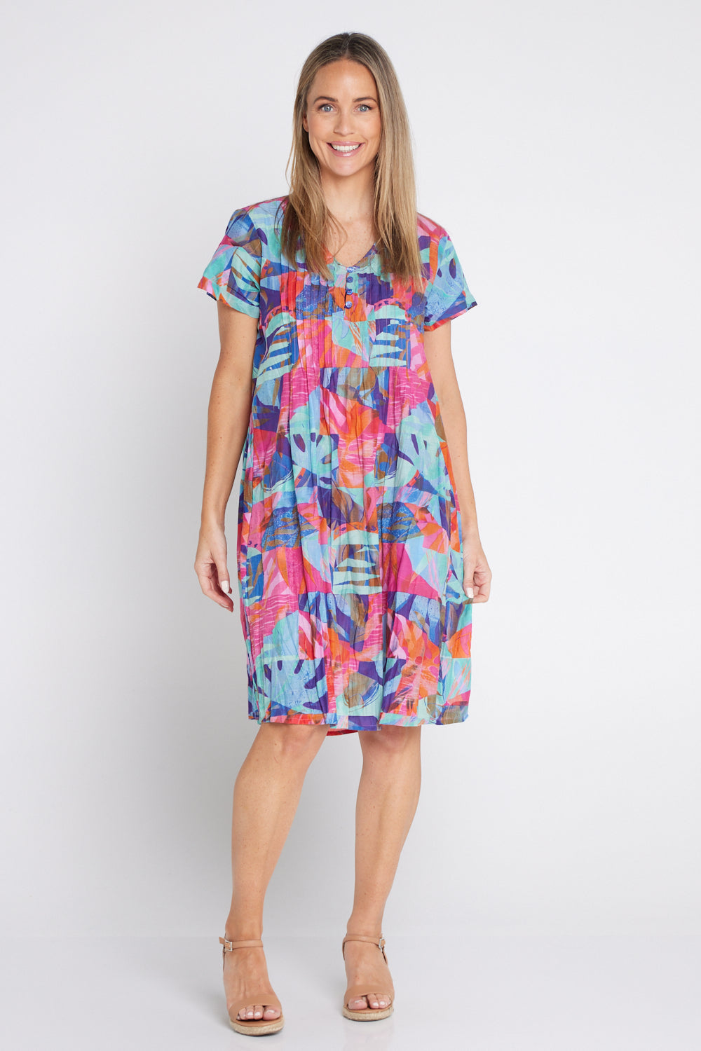 Nicola Cap Sleeve Cotton Dress - Blocks