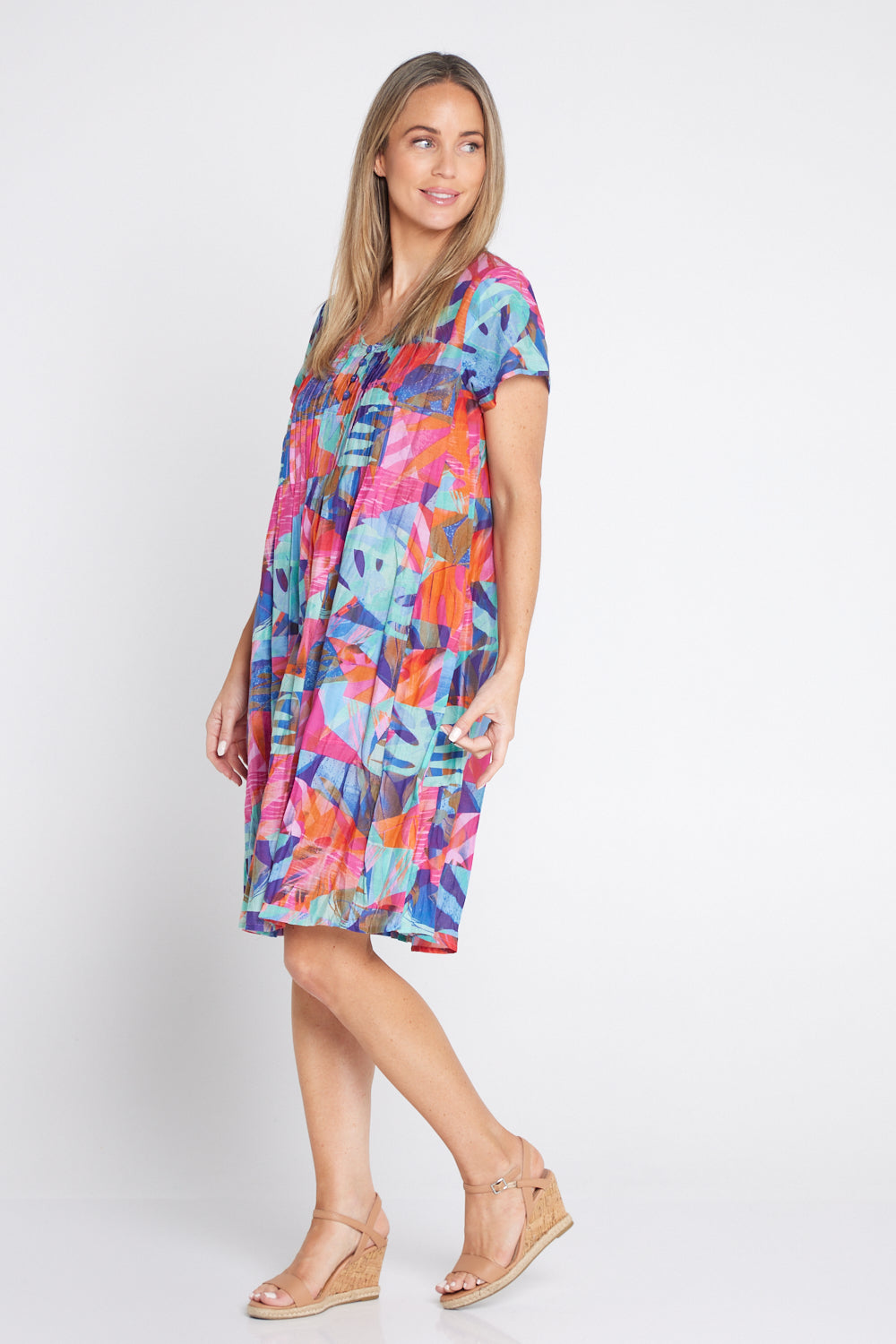 Nicola Cap Sleeve Cotton Dress - Blocks