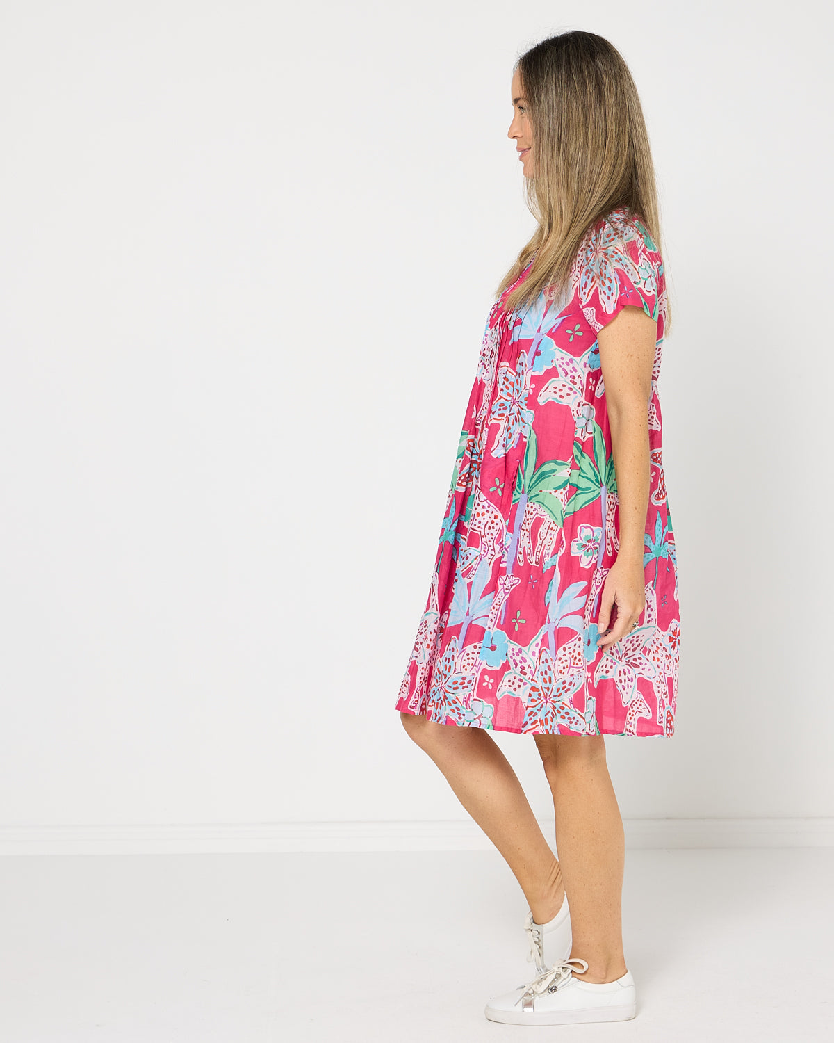 Nicola Cotton Dress - Giraffes Pink