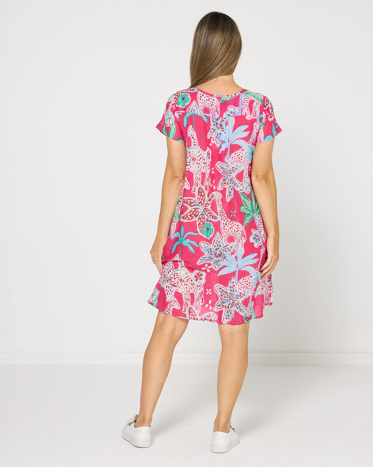 Nicola Cotton Dress - Giraffes Pink