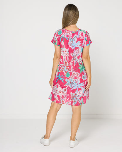 Nicola Cotton Dress - Giraffes Pink