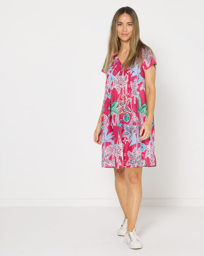 Nicola Cotton Dress - Giraffes Pink