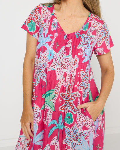 Nicola Cotton Dress - Giraffes Pink