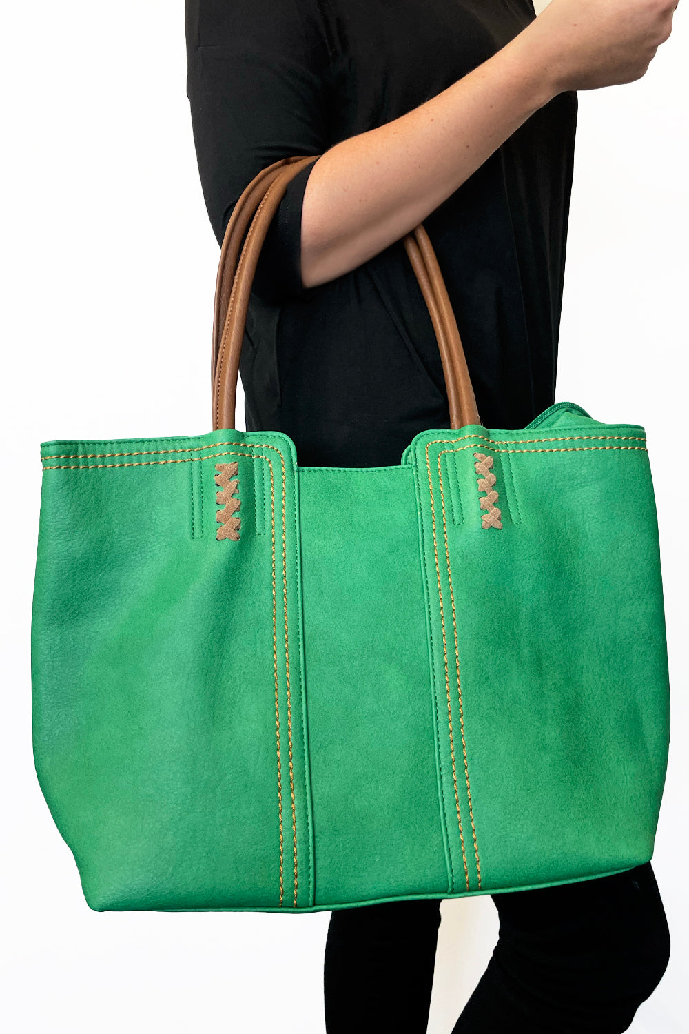 Green leather clearance tote bag