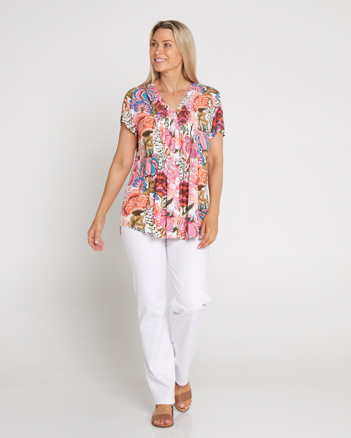 Chloe Pintuck Shirt - Peach/Fern Floral