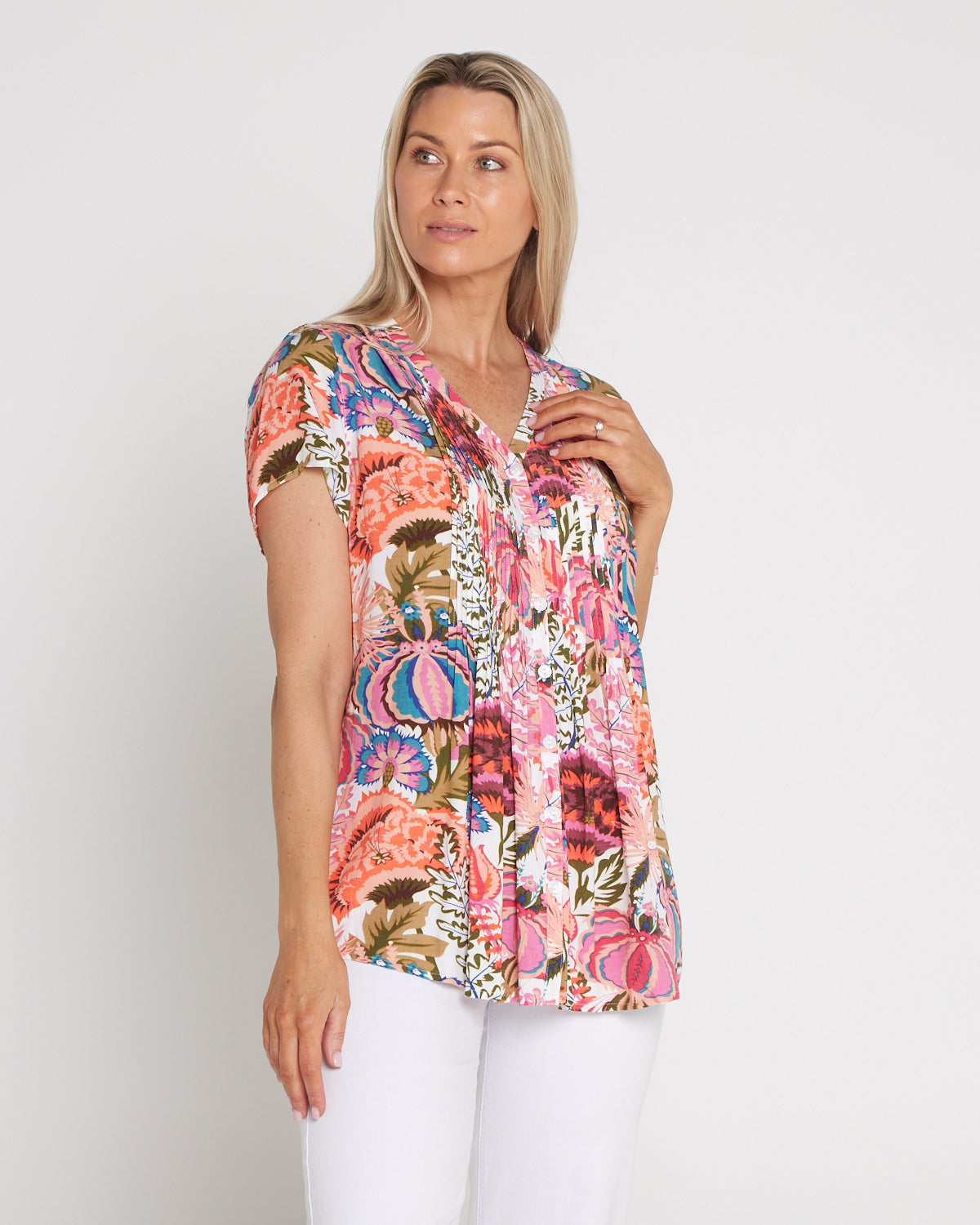 Chloe Pintuck Shirt - Peach/Fern Floral