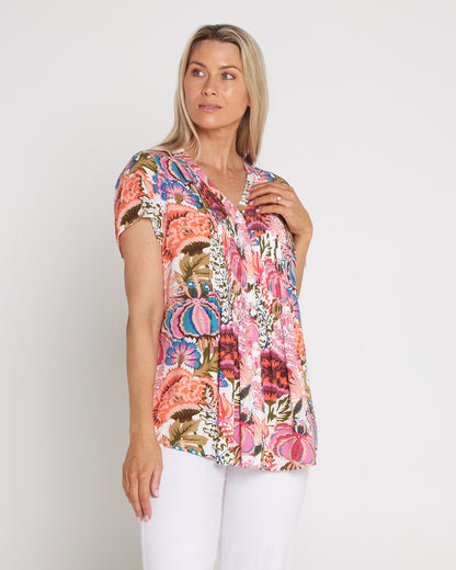 Chloe Pintuck Shirt - Peach/Fern Floral