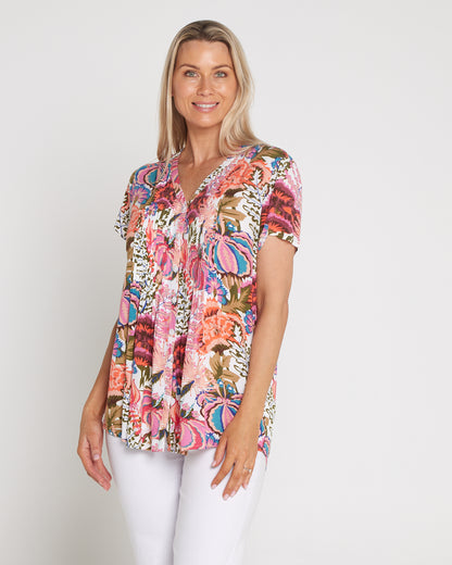 Chloe Pintuck Shirt - Peach/Fern Floral