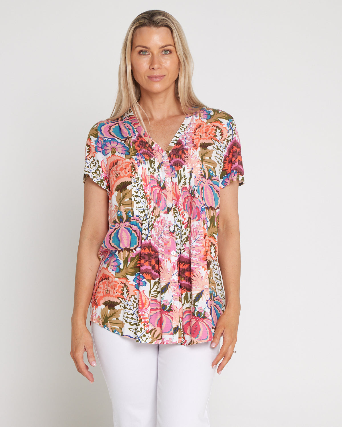 Chloe Pintuck Shirt - Peach/Fern Floral