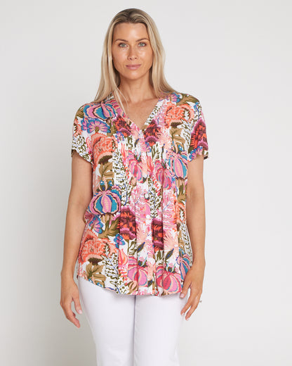 Chloe Pintuck Shirt - Peach/Fern Floral