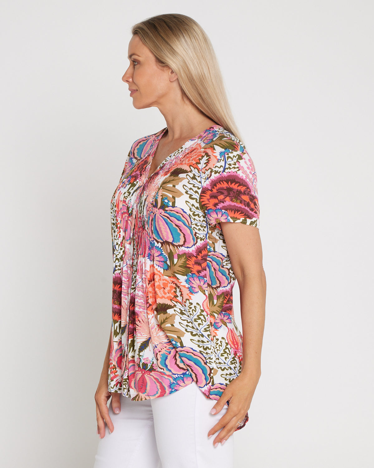 Chloe Pintuck Shirt - Peach/Fern Floral