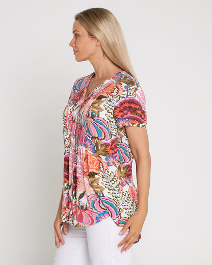 Chloe Pintuck Shirt - Peach/Fern Floral