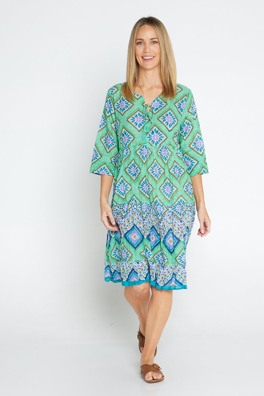 Rebecca Tie Neck Dress - Emerald Mosaic – TULIO Fashion