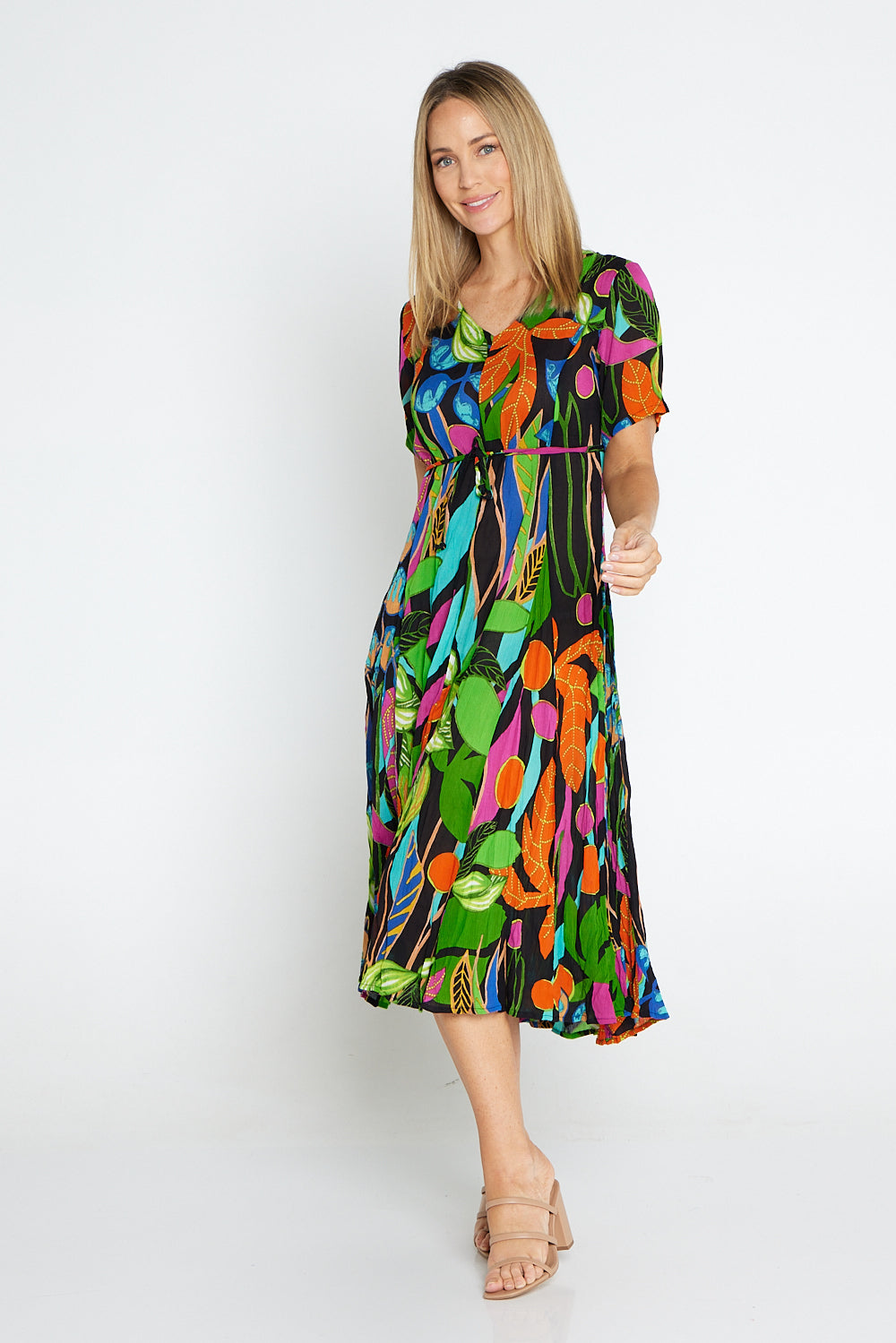 Nicossia Short Sleeve Godet Dress - Summer Botanical