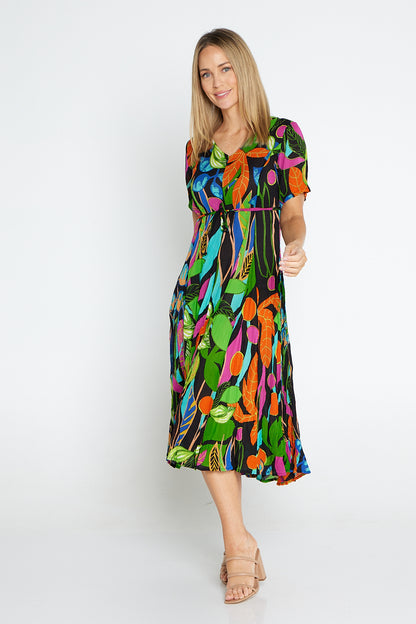 Nicossia Short Sleeve Godet Dress - Summer Botanical