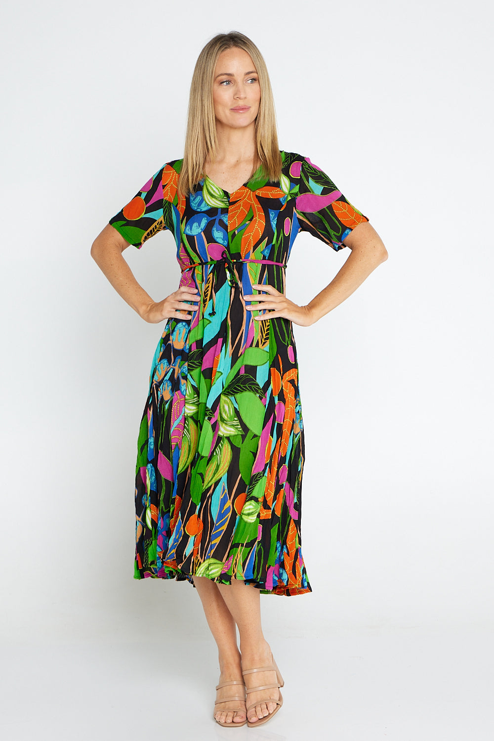 Nicossia Short Sleeve Godet Dress - Summer Botanical