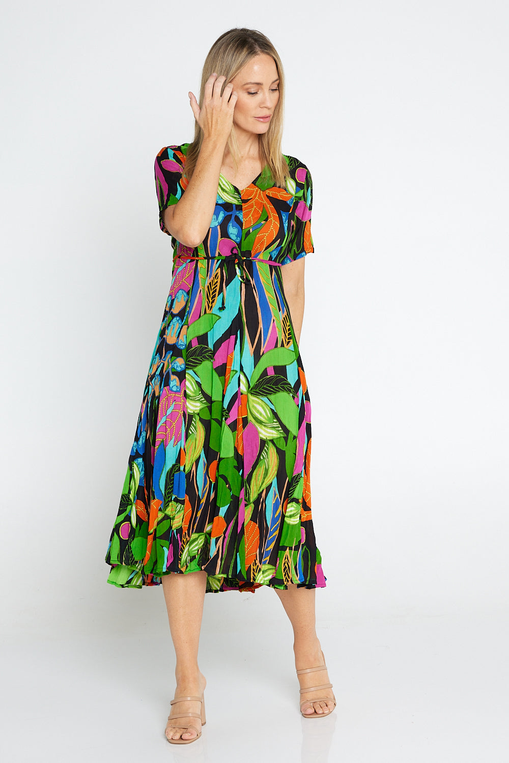 Nicossia Short Sleeve Godet Dress - Summer Botanical