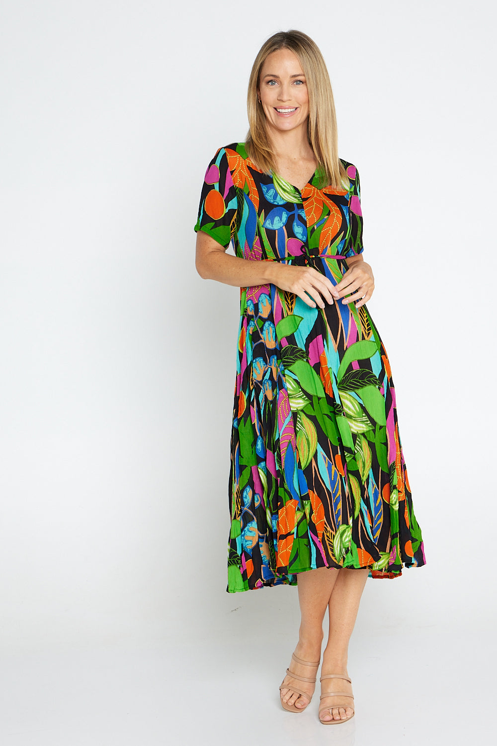 Nicossia Short Sleeve Godet Dress - Summer Botanical