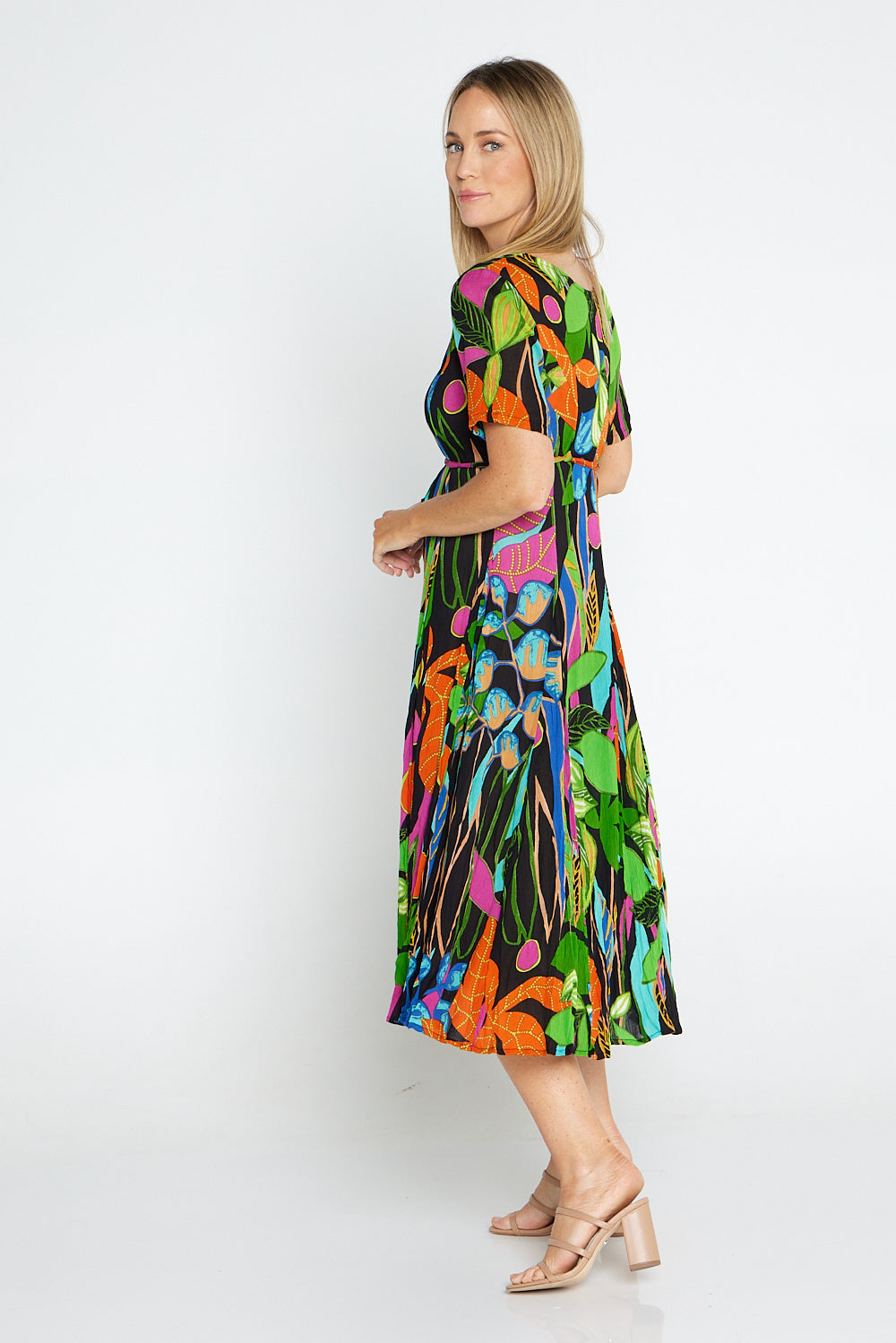 Nicossia Short Sleeve Godet Dress - Summer Botanical