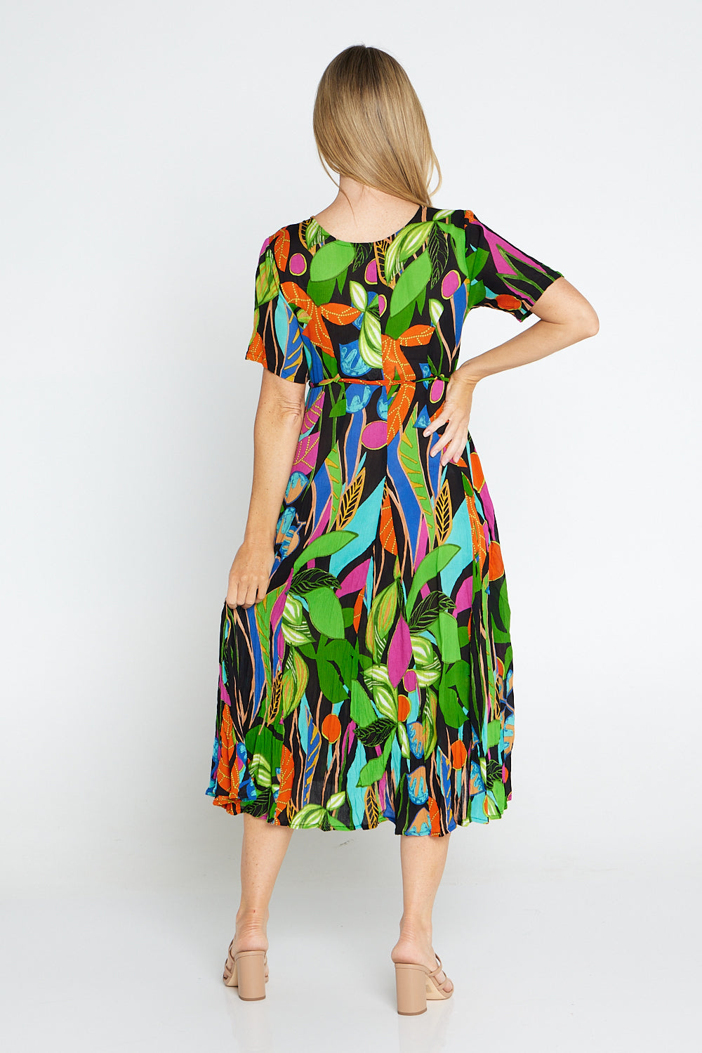 Nicossia Short Sleeve Godet Dress - Summer Botanical