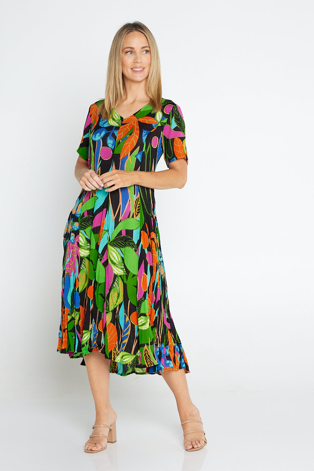 Nicossia Short Sleeve Godet Dress - Summer Botanical