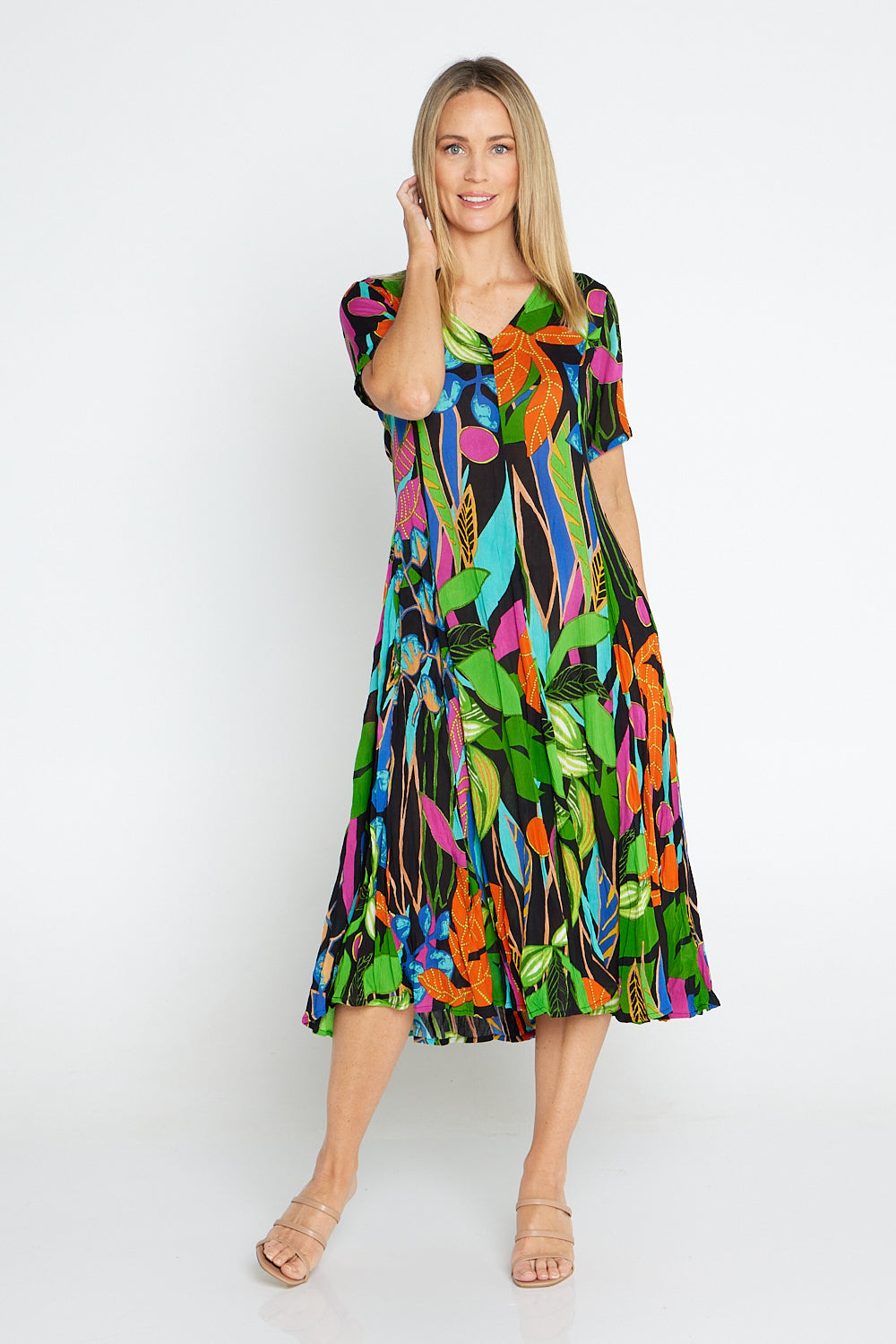 Nicossia Short Sleeve Godet Dress - Summer Botanical
