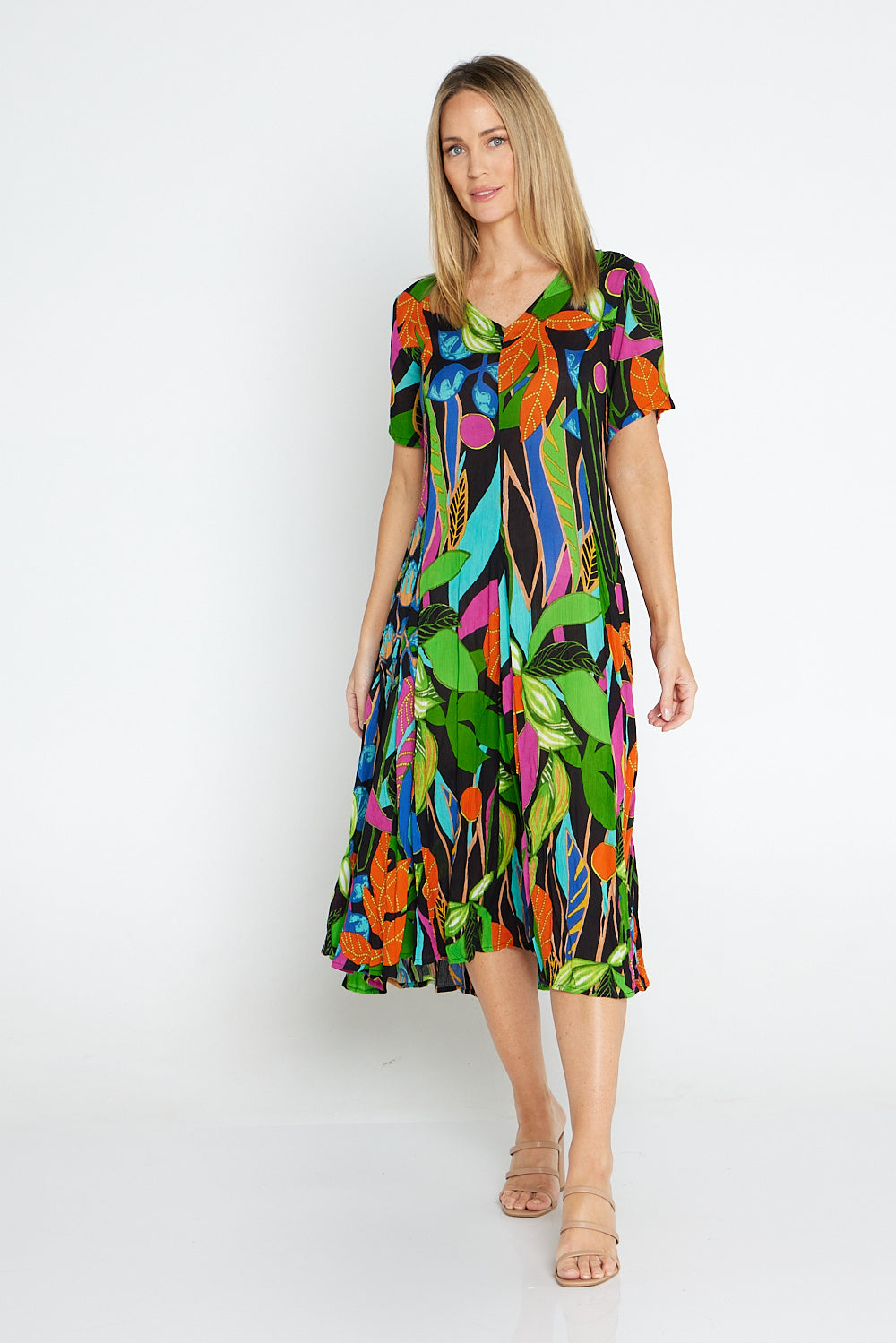 Nicossia Short Sleeve Godet Dress - Summer Botanical