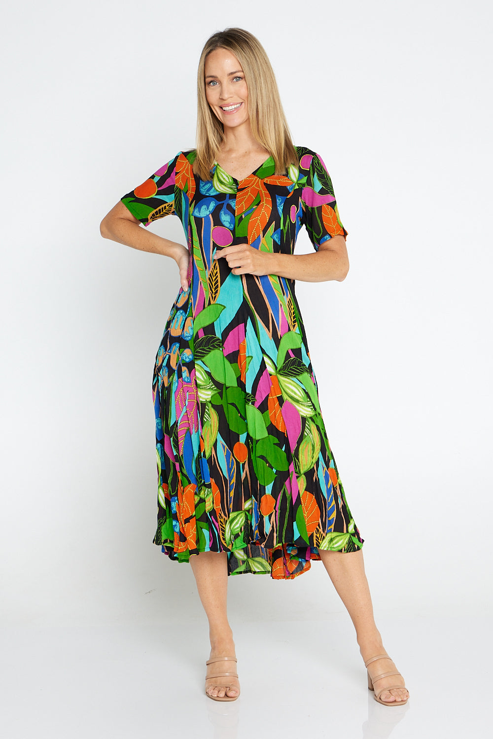 Nicossia Short Sleeve Godet Dress - Summer Botanical