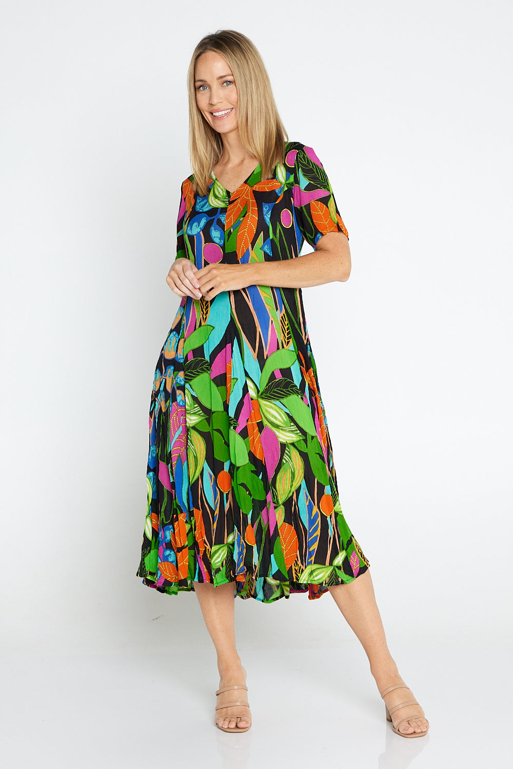 Nicossia Short Sleeve Godet Dress - Summer Botanical