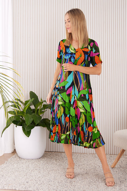 Nicossia Short Sleeve Godet Dress - Summer Botanical