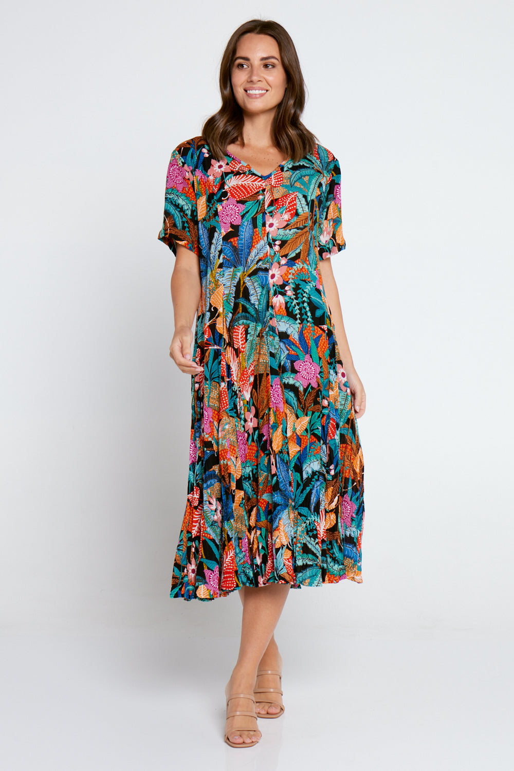 Godet Short Sleeve Dress - Paphos Print