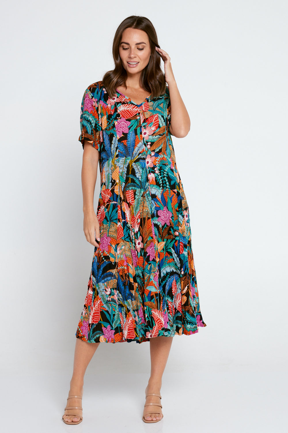 Godet Short Sleeve Dress - Paphos Print