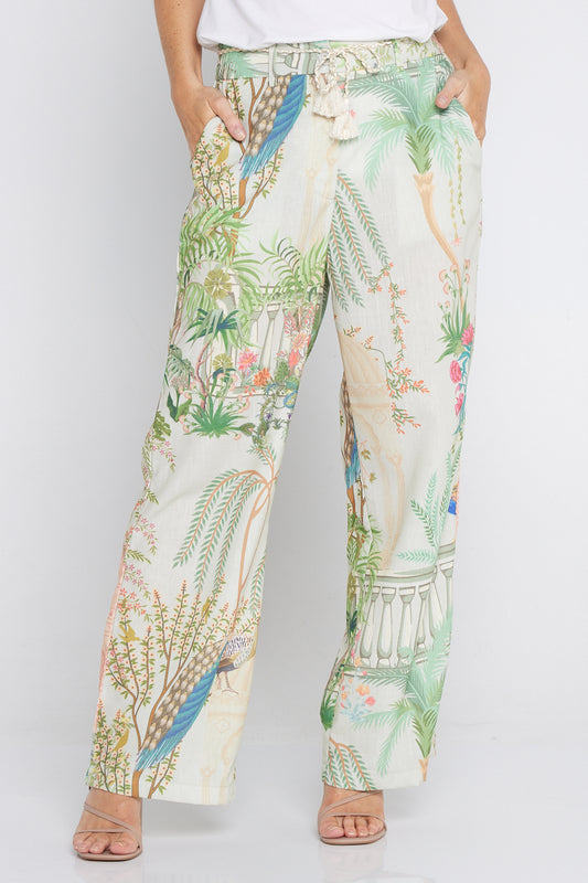 Zafira Linen Pants - Peacock Print