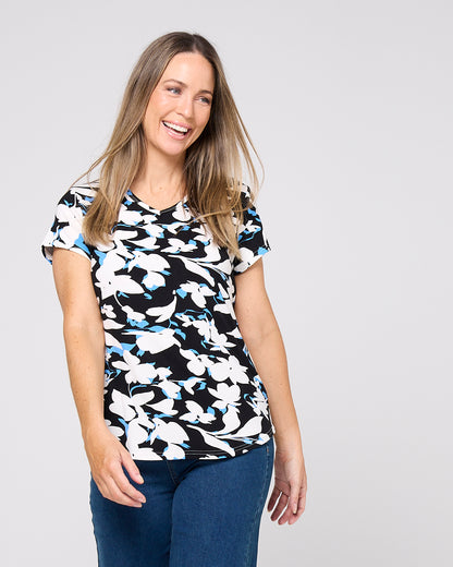 Printed Bamboo Tee - Black/White Jasmine