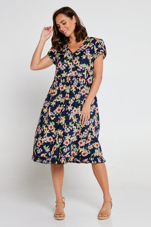 Prairie Cotton Dress - Navy/Blush Floral