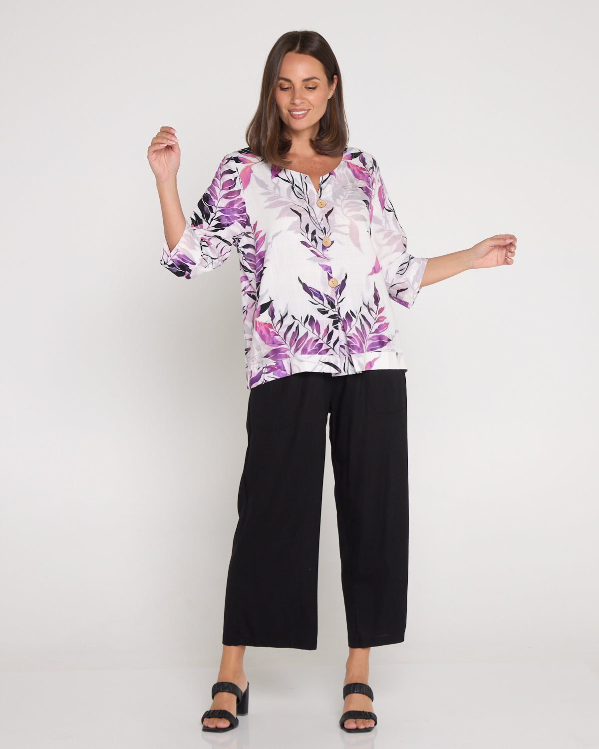Mahri Linen Top - Purple Leaf
