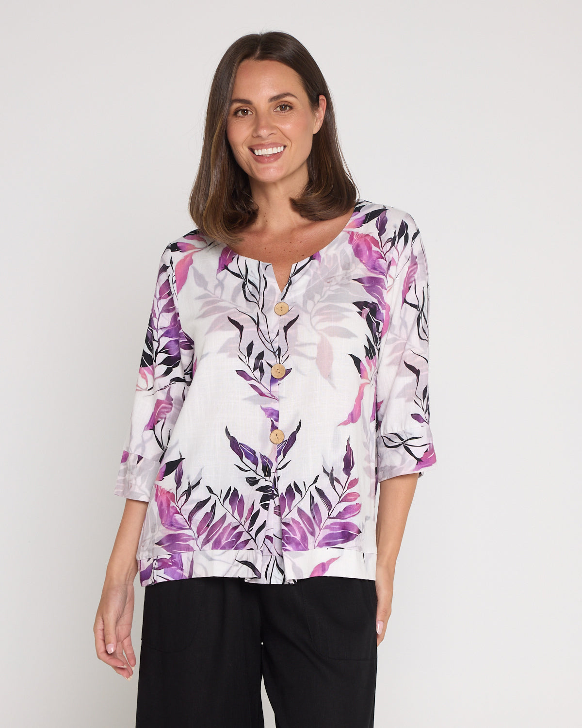 Mahri Linen Top - Purple Leaf