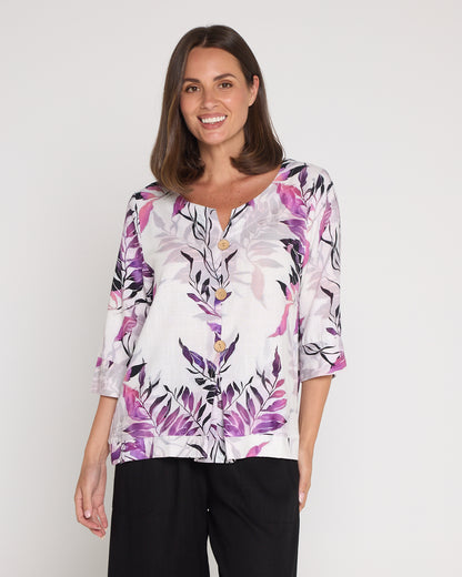 Mahri Linen Top - Purple Leaf