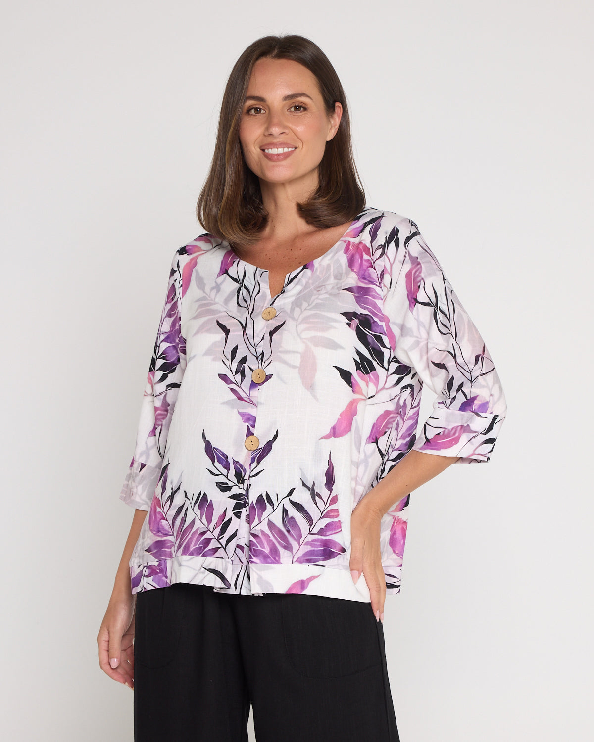 Mahri Linen Top - Purple Leaf