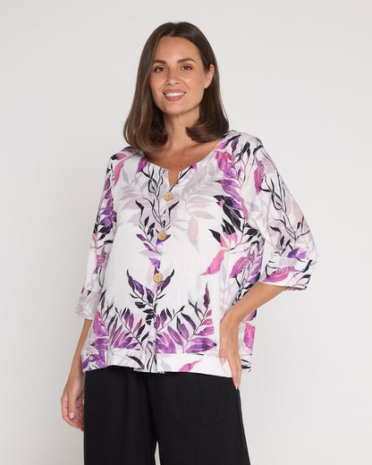 Mahri Linen Top - Purple Leaf