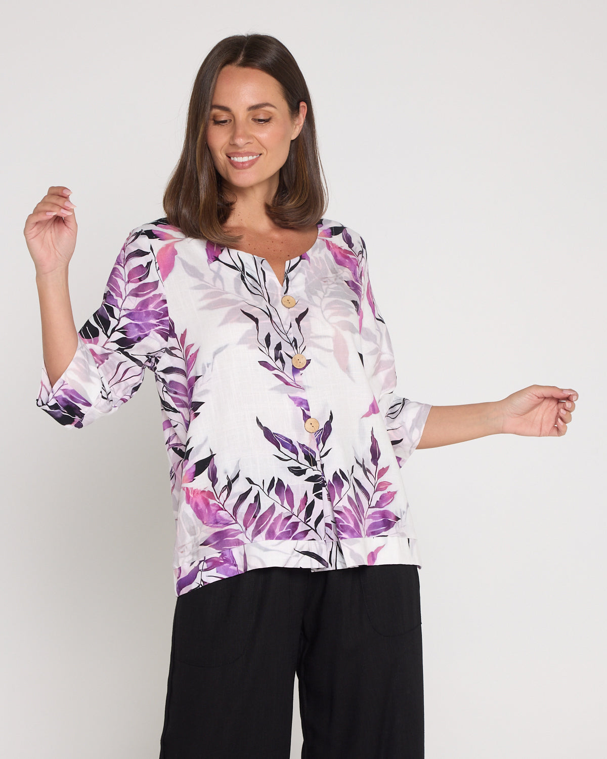 Mahri Linen Top - Purple Leaf
