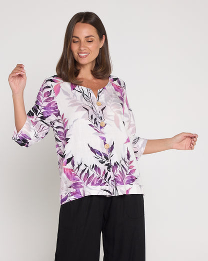 Mahri Linen Top - Purple Leaf