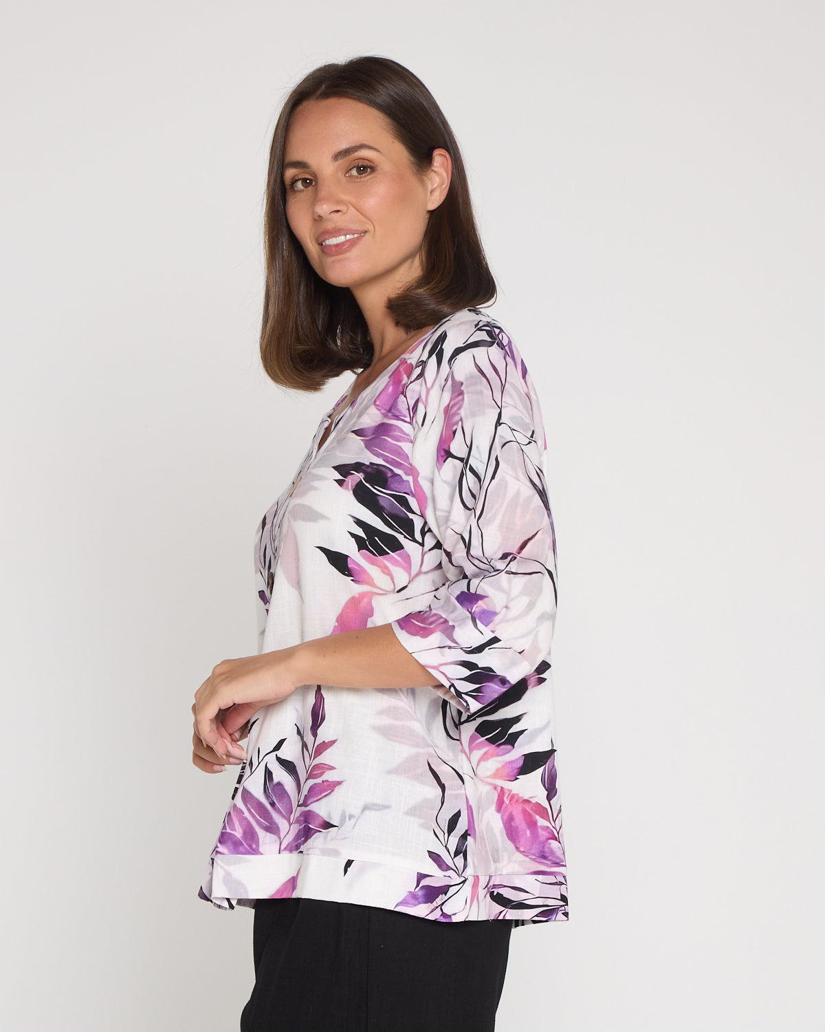Mahri Linen Top - Purple Leaf