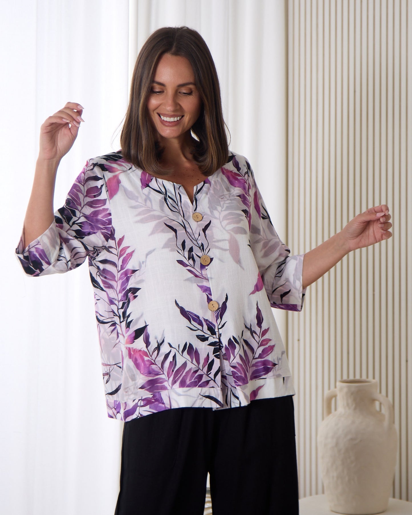 Mahri Linen Top - Purple Leaf