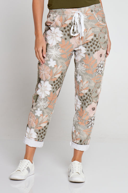Printed Crushed Drawstring Pocket Pants - Khaki/Peach Floral